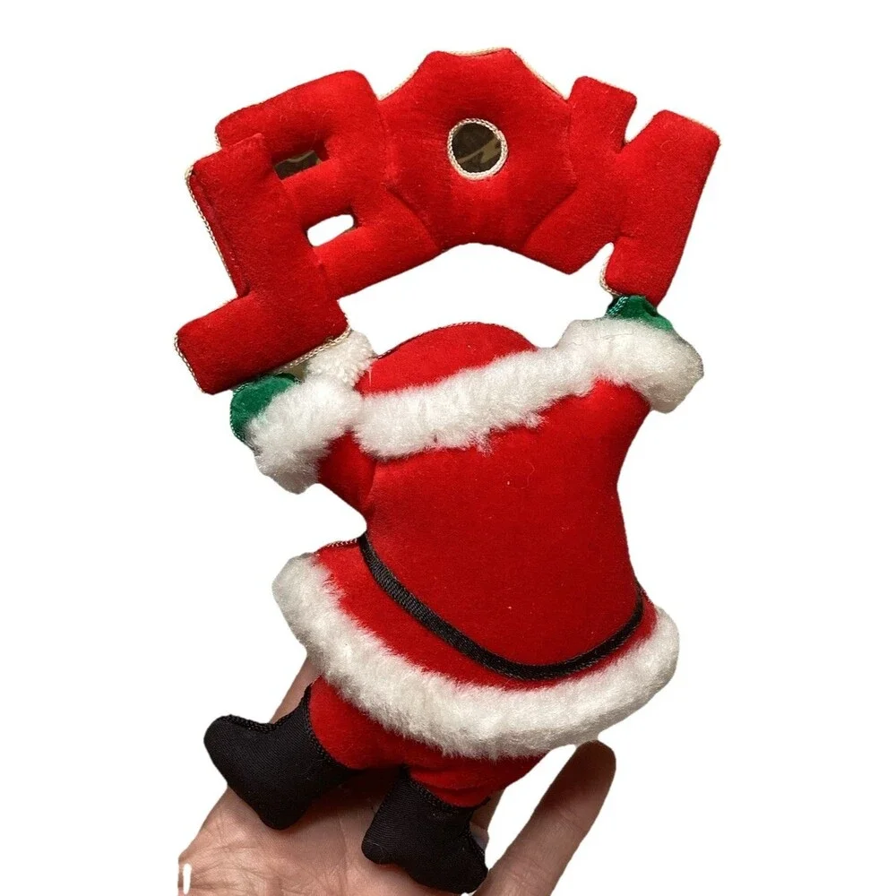 Vtg Santa Claus Red Velvet Plush Fur Xmas Hanging Tree Ornament W/ Noel Sign